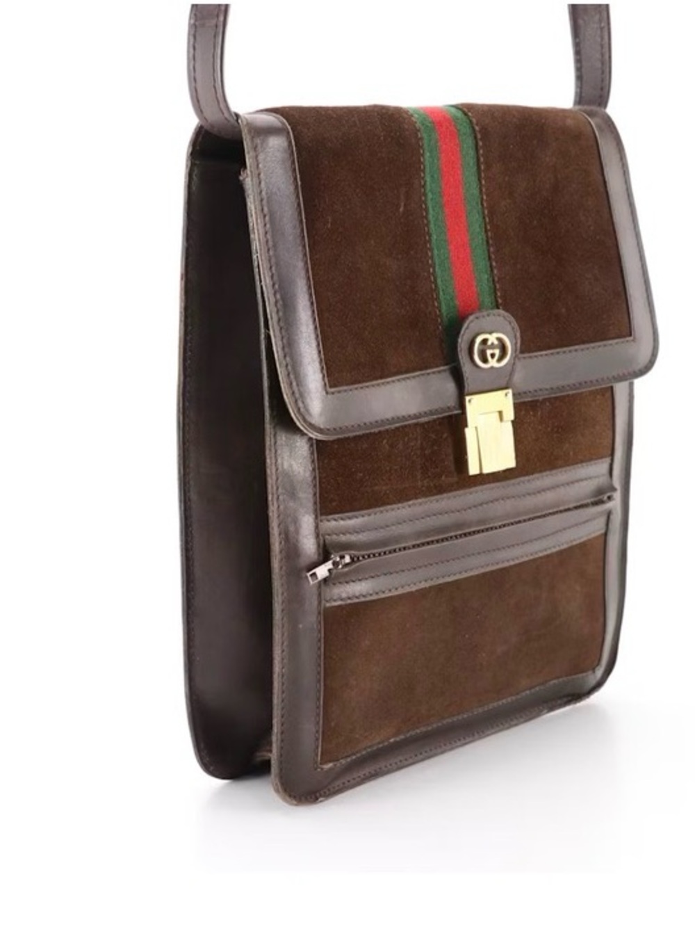 Vintage Gucci Parfums Brown Suede & Leather Shoulder Bag with Sherry Line Stripe - Picture 3 of 13